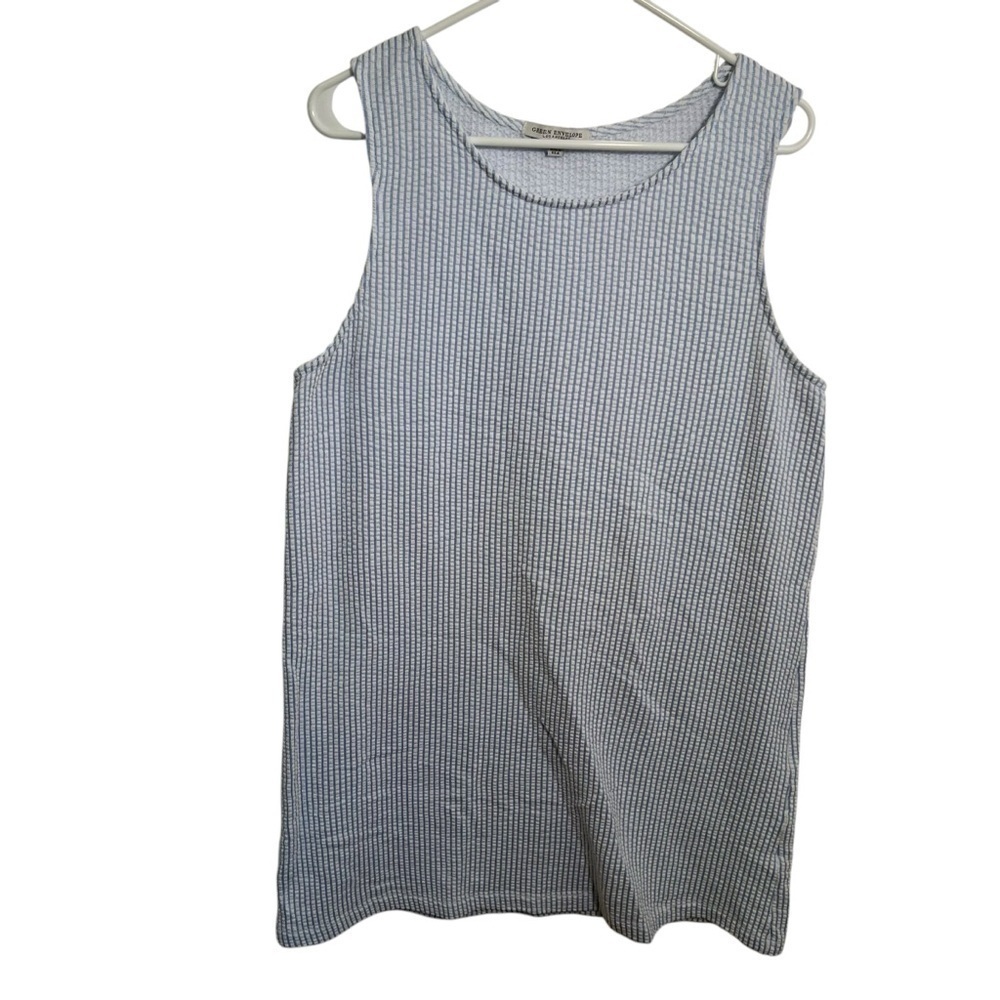 Green Envelope Women's Size XL Sleeveless Shift Dress Blue White Seersucker
